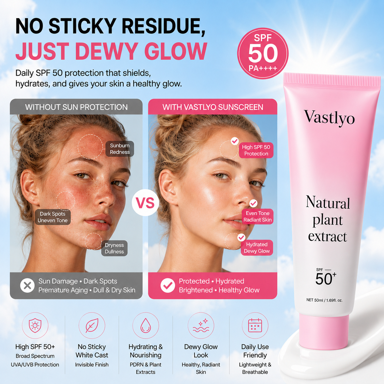 [NEW] [Vastlyo] No Cast Just Dew PDRN Hydrating UV Sun Serum | Daily Lightweight Sunscreen SPF 50 | PDRN, Panthenol, Centella| Gentle Moisturizing Suncare For Daily Use for All Skin Types (50ml)